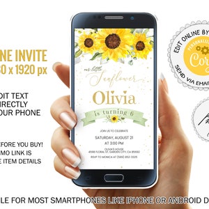 Sunflower Birthday Girl Smartphone Invitation, Editable Little Miss Onederful Electronic Birthday Invite, Boho Birthday Phone Text PM030