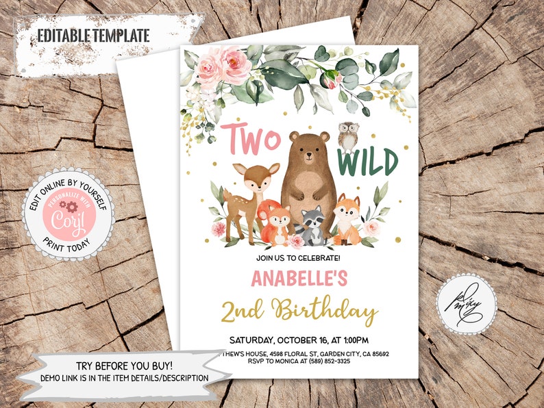 Editable Woodland Birthday Girl Invitation Forest Animals 2nd Birthday Invitation Two Wild Birthday Theme Greenery Woodland