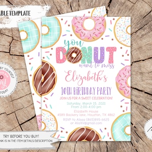 Donut Birthday Invitation Girl, Editable Donut Birthday Invite, Any Age Donut Birthday Party Invitation, Donut Sweet Celebration PM012