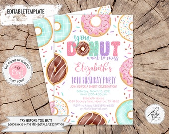 Donut Birthday Invitation Girl, Editable Donut Birthday Invite, Any Age Donut Birthday Party Invitation, Donut Sweet Celebration PM012