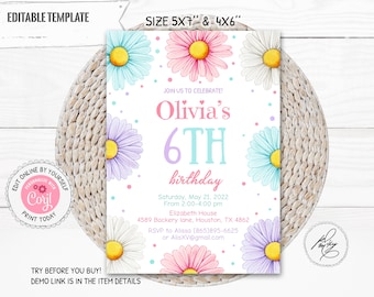 Daisy Birthday Invitation Girl, Editable Colorful Daisies Birthday Invite, Wild Floral Any Age Birthday Girl Invitation,  PM040