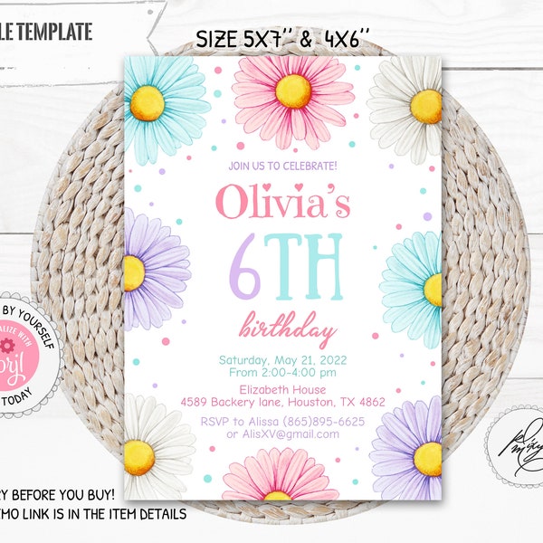 Daisy Birthday Invitation Girl, Editable Colorful Daisies Birthday Invite, Wild Floral Any Age Birthday Girl Invitation,  PM040