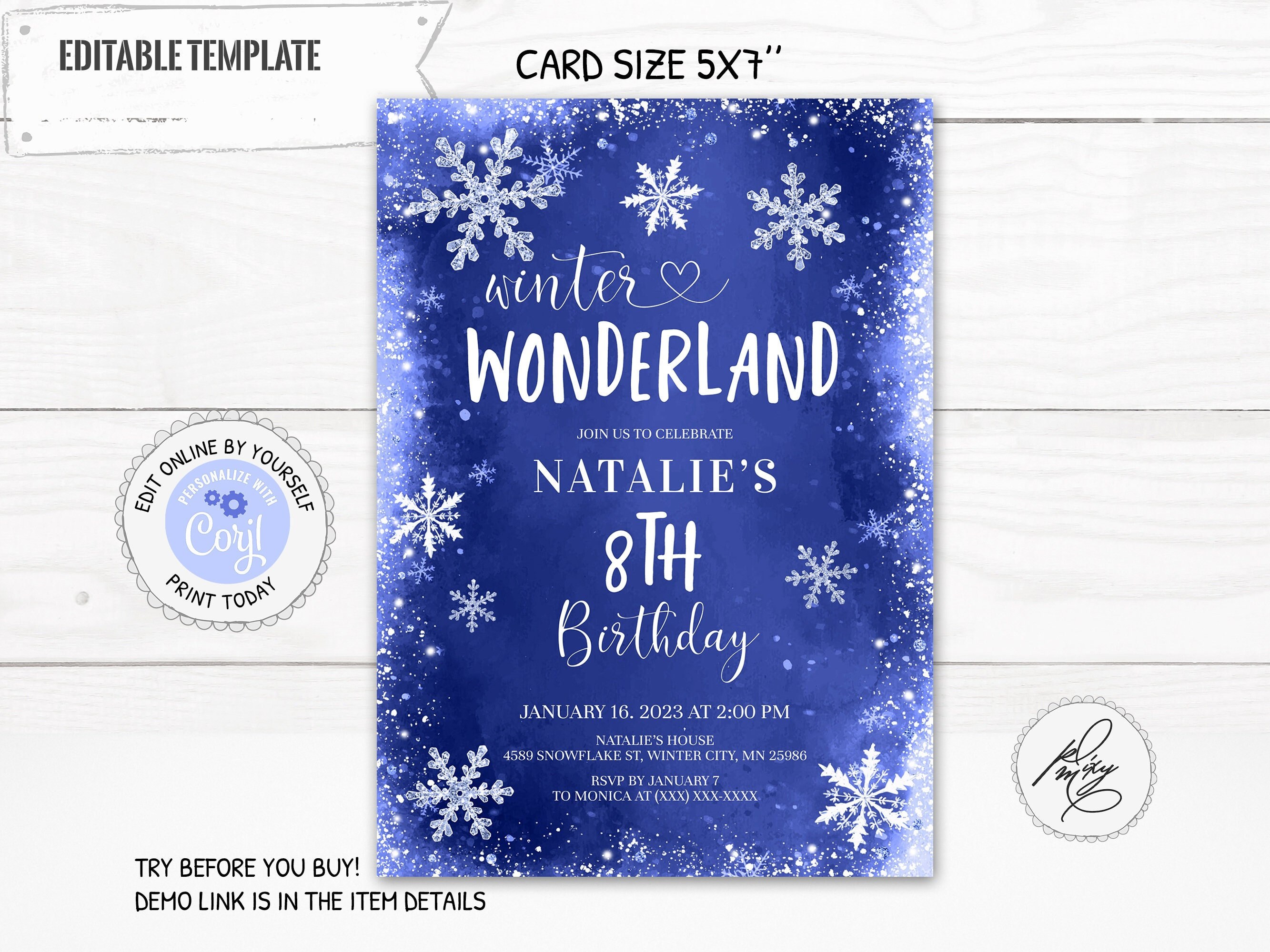 Winter Wonderland Birthday Invitation for girls or boys Editable Blue Snowflakes Birthday Invitation Winter Birthday Party