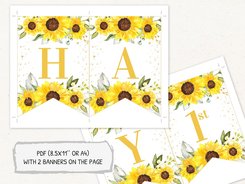Sunflower Happy Birthday Banner Editable Sunflower Birthday Etsy