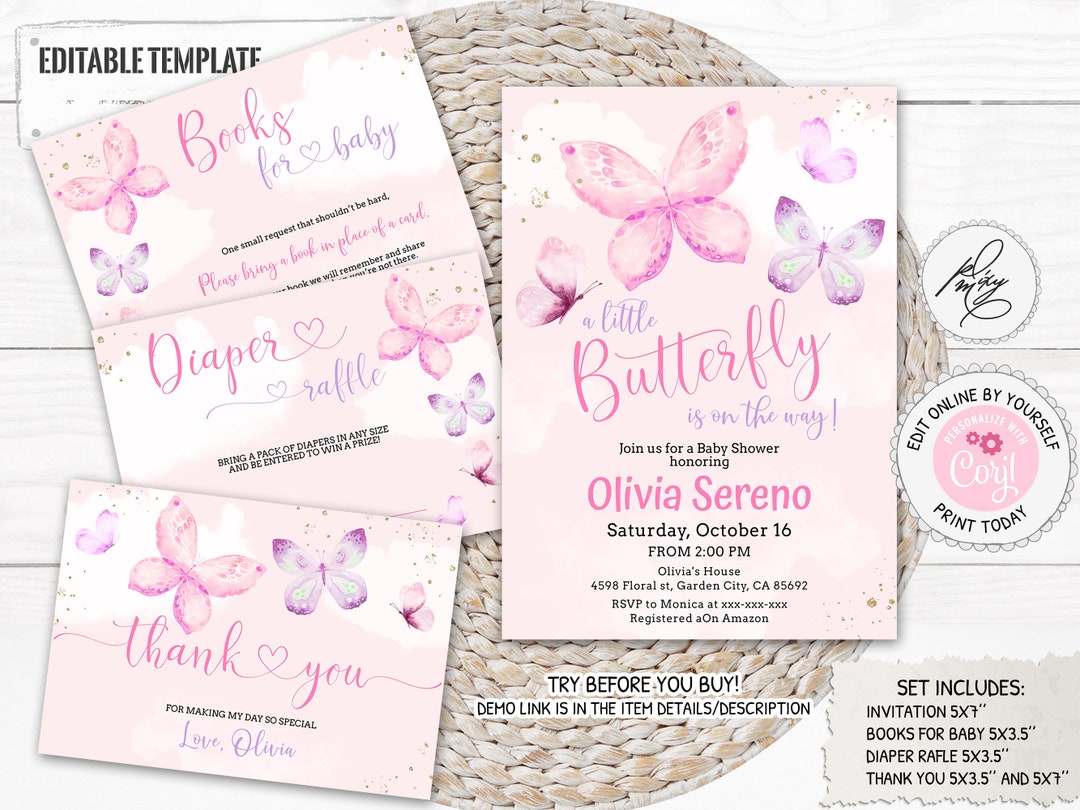 Editable Pink Purple Butterfly Baby Shower Set Pastel Etsy
