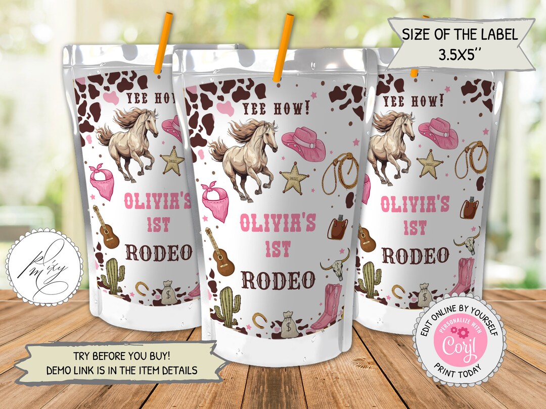 Editable My First Rodeo Juice Box Labels , Cowgirl Birthday Party Juice