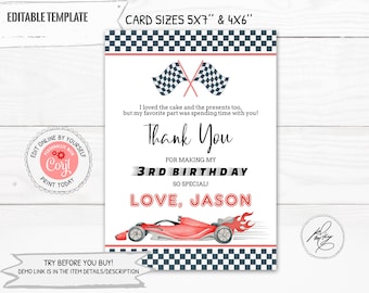 Editable Red Race Car Thank You Note, Red Sports Car Thank You Card, Printable Red Racing Car Birthday Thank You Card PM055