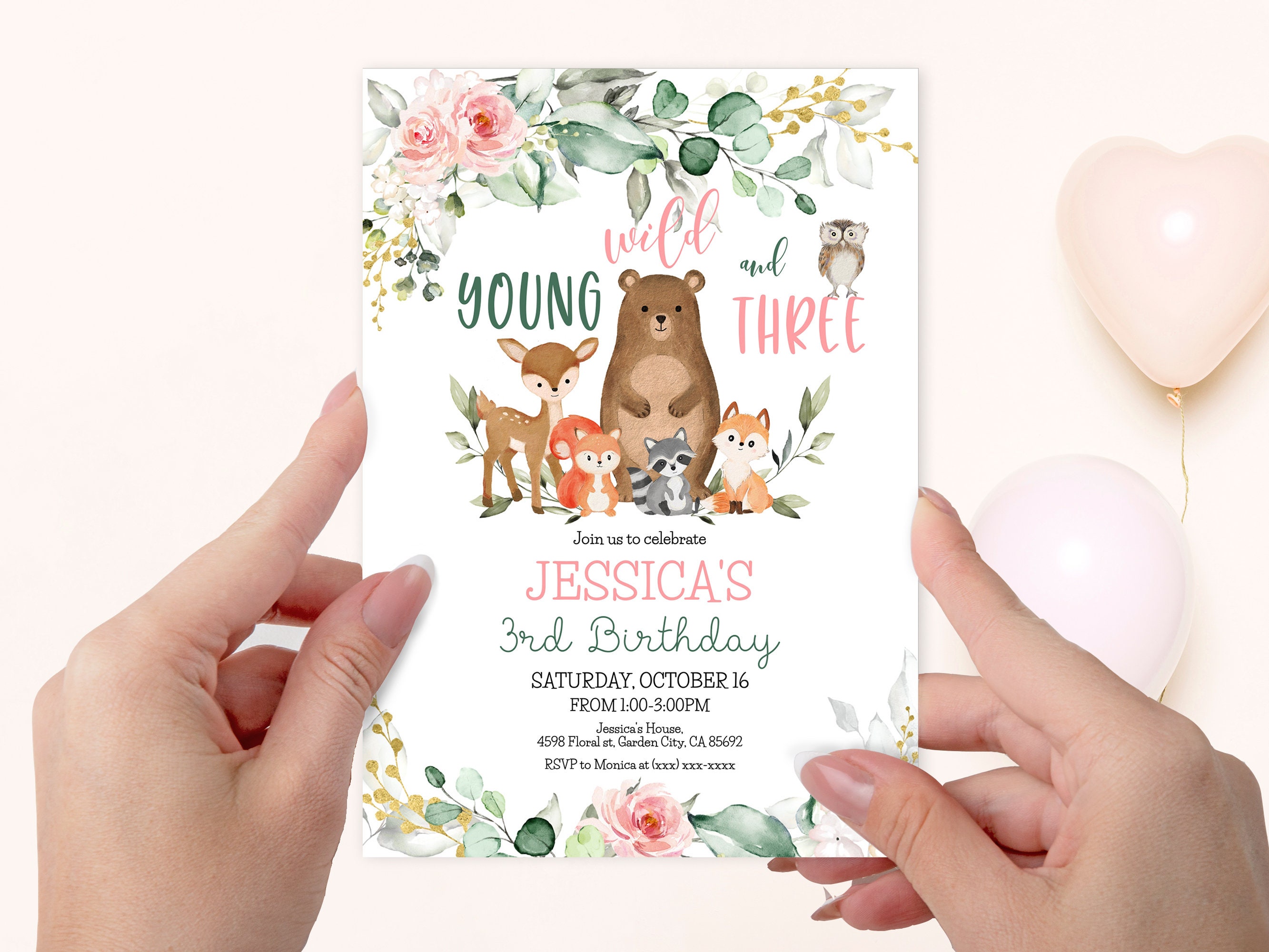 Woodland 3rd Birthday Girl Invitation Editable Forest Animals  