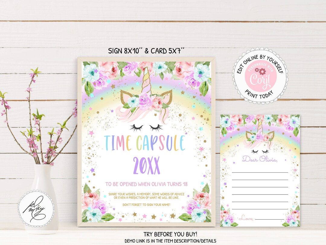 Editable Rainbow Unicorn Time Capsule Sign With Note Card, Floral ...