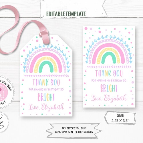 Editable Rainbow Favor Tag Rainbow Gift Tags Rainbow Thank You - Etsy
