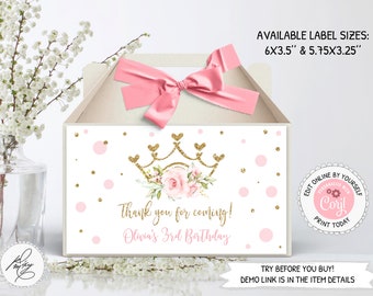 Editable Princess Gable Box Label, Pink Crown Princess Gift Box Label, Princess Birthday Party Decoration, PM013