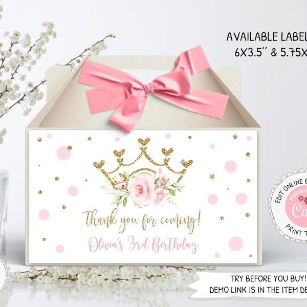 Editable Princess Gable Box Label, Pink Crown Princess Gift Box Label, Princess Birthday Party Decoration, PM013