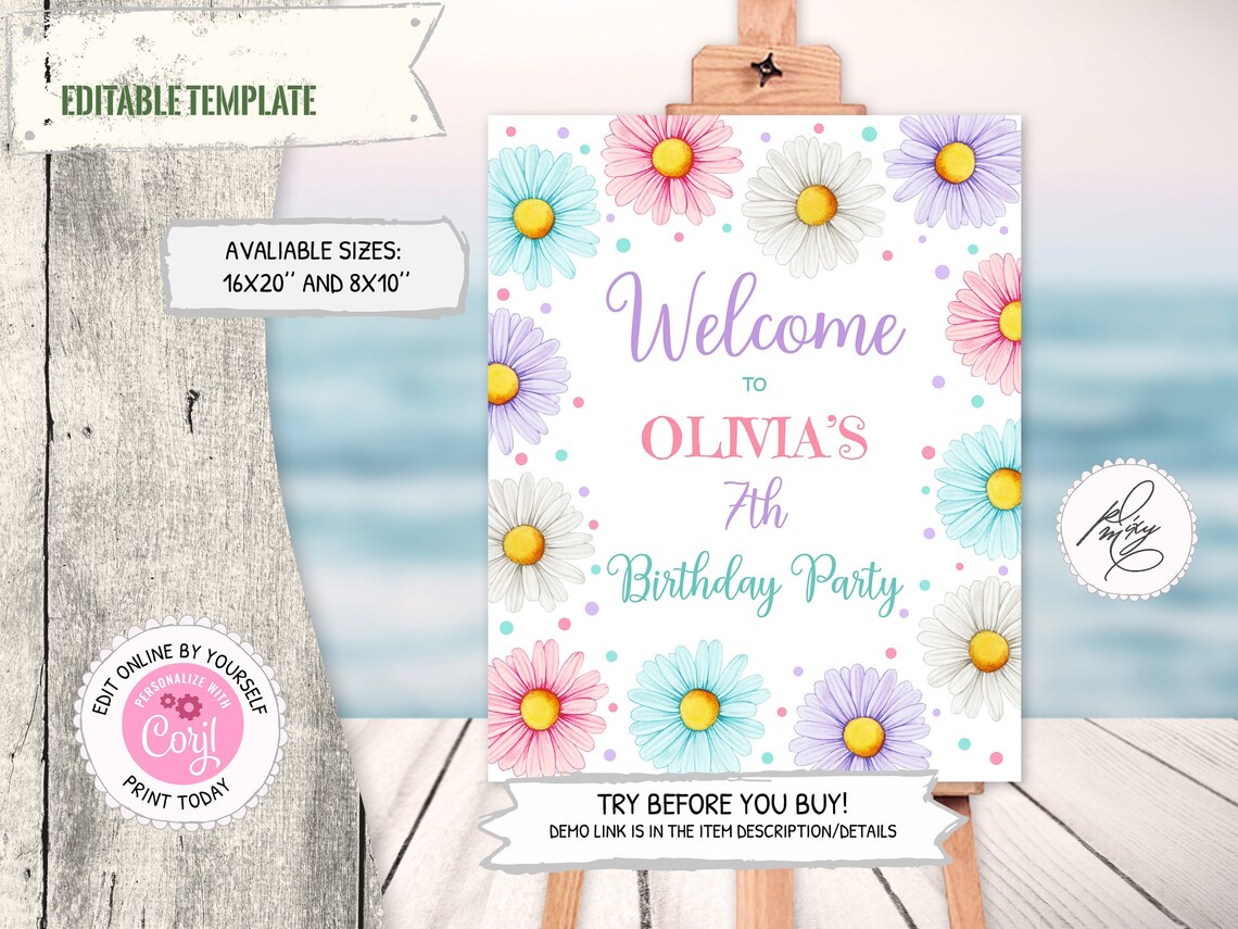 Daisy Birthday Girl Sign Editable Colorful Daisies Etsy