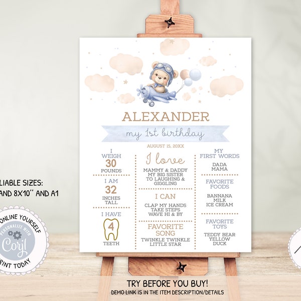 Editable Airplane Bear Pilot Milestone Sign, 1st Birthday Boy Milestone Board, Bear Birth Stats Poster, Printable Birthday Party Decor PM070