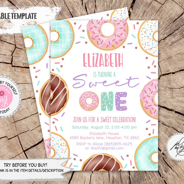 Donut 1st Birthday Invitation Girl, Editable Donut Birthday Invite, Sweet One Donut Birthday Party Invitation, Donut Sweet Celebration PM012