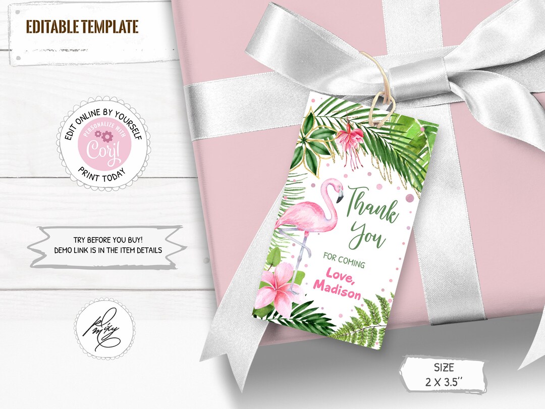Flamingo Favor Tag, Tropical Thank You Tag, Flamingo Gift Tag, Editable ...