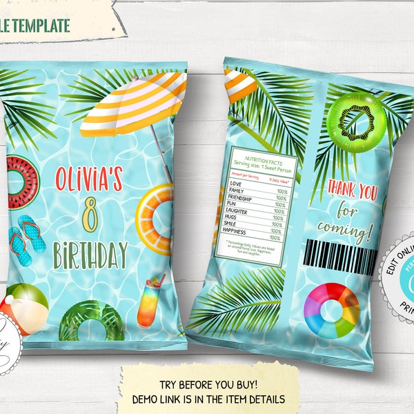 Editable Pool Party Chip Bag, Swimming Pool Birthday Party Treat Bag, Beach Party Candy Bag Favors, Summer Chip Wrapper PM027