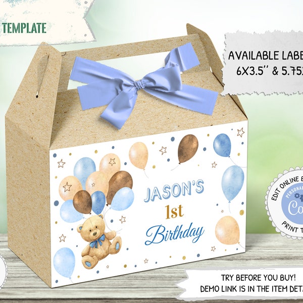 Editable Teddy Bear Gable Box Label, Printable Teddy Bear Gift Box Label, Teddy Bear Birthday Boy Party Decoration PM035