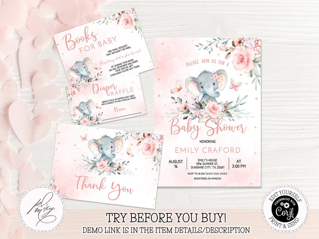 Editable Blush Pink Floral Elephant Baby Shower Girl Invitation Set ...