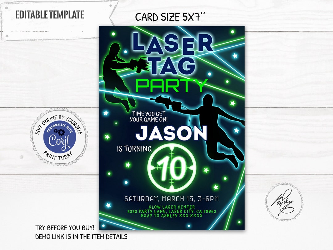 Laser Tag Party Birthday Invitation, Editable Boys Birthday Invite
