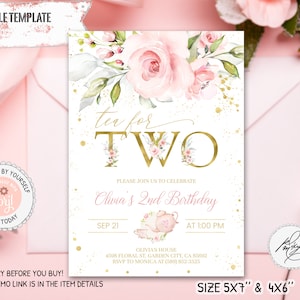 Tea for Two Blush Floral 2nd Birthday Invitation Girl, Editable Pink & Gold Tea Party Birthday Invitation, Boho Birthday Invitation PM010