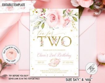 Tea for Two Blush Floral 2nd Birthday Invitation Girl, Editable Pink & Gold Tea Party Birthday Invitation, Boho Birthday Invitation PM010