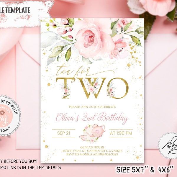 Tea for Two Blush Floral 2nd Birthday Invitation Girl, Editable Pink & Gold Tea Party Birthday Invitation, Boho Birthday Invitation PM010