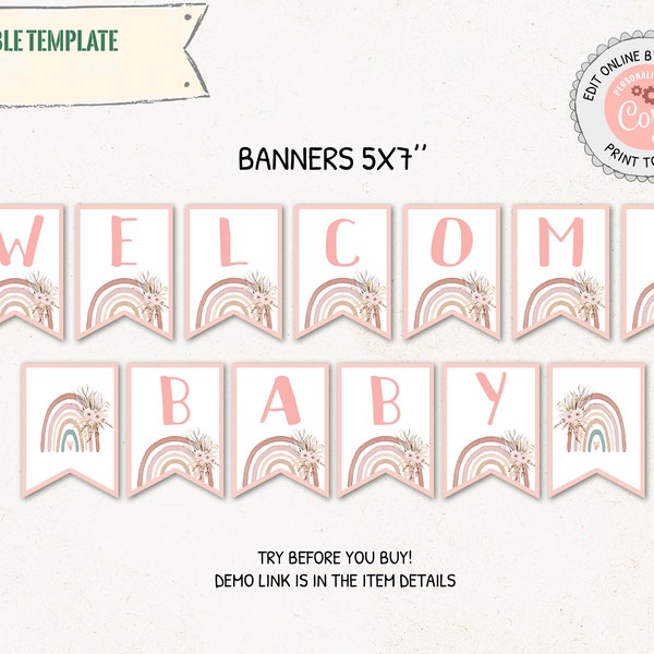 Editable Welcome Baby Boho Rainbow Baby Shower Banner, Pastel Rainbow Baby Shower Party Decoration, Printable Rainbow Pennants, PM054