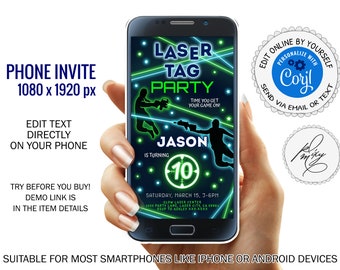 Laser Tag Party Birthday Smartphone Evite, Editable Neon Laser Tag Game Party Invite, Glow Laser Tag Birthday Party Phone Text Invite  PM045