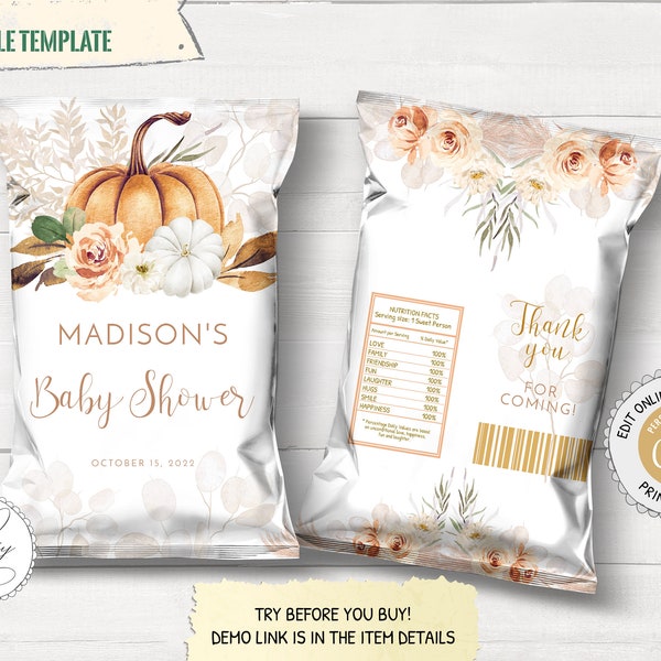 Little Pumpkin Chip Bag Wrapper, Editable Pumpkin Snacks Treat Bag, Rustic Fall Birthday Party Decoration PM042