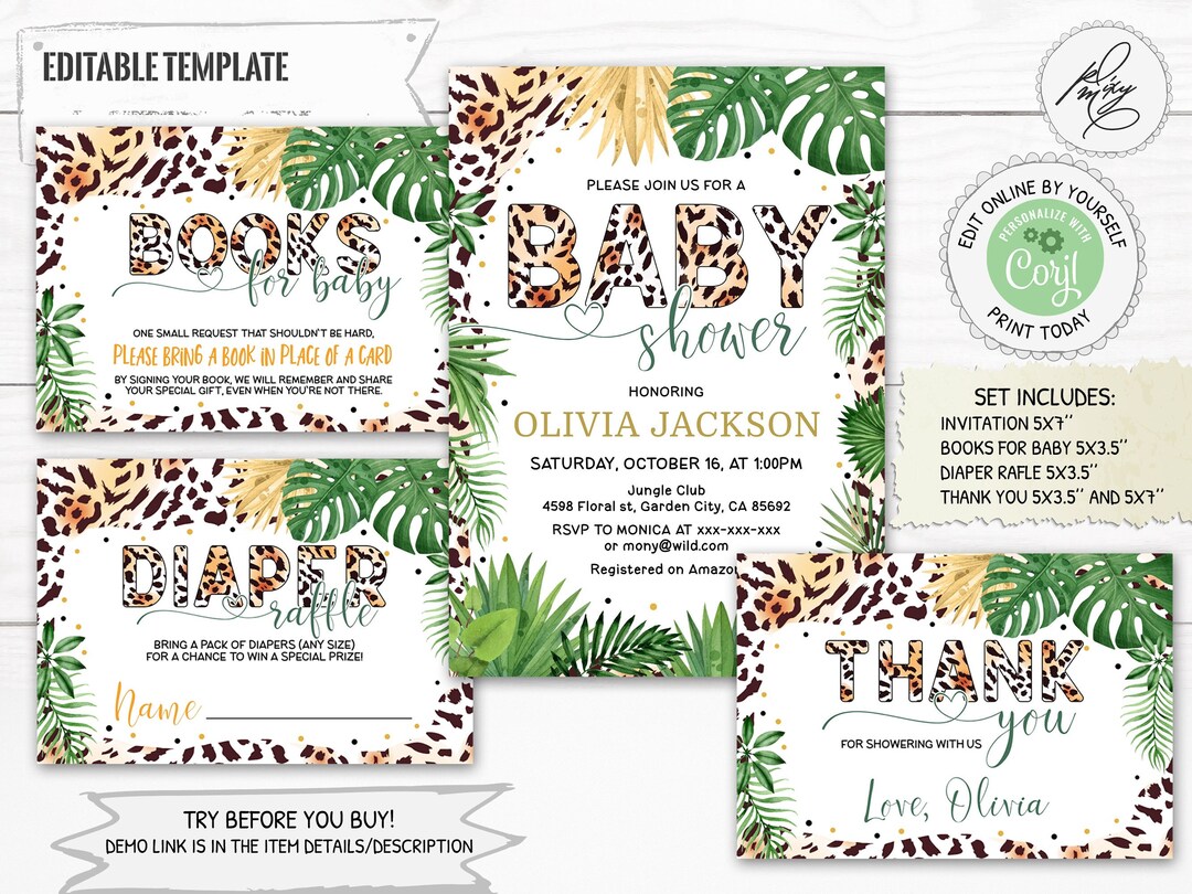 Editable Leopard Print Baby Shower Set, Safari Baby Shower Theme