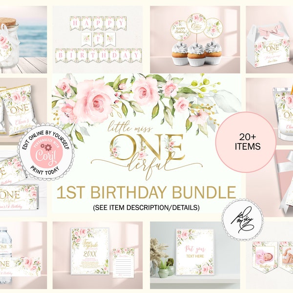 Editable Little Miss Onederful 1st Birthday Mega Bundle, Blush Pink & Gold Floral 1st Birthday Girl Party Package, Printable Package PM010