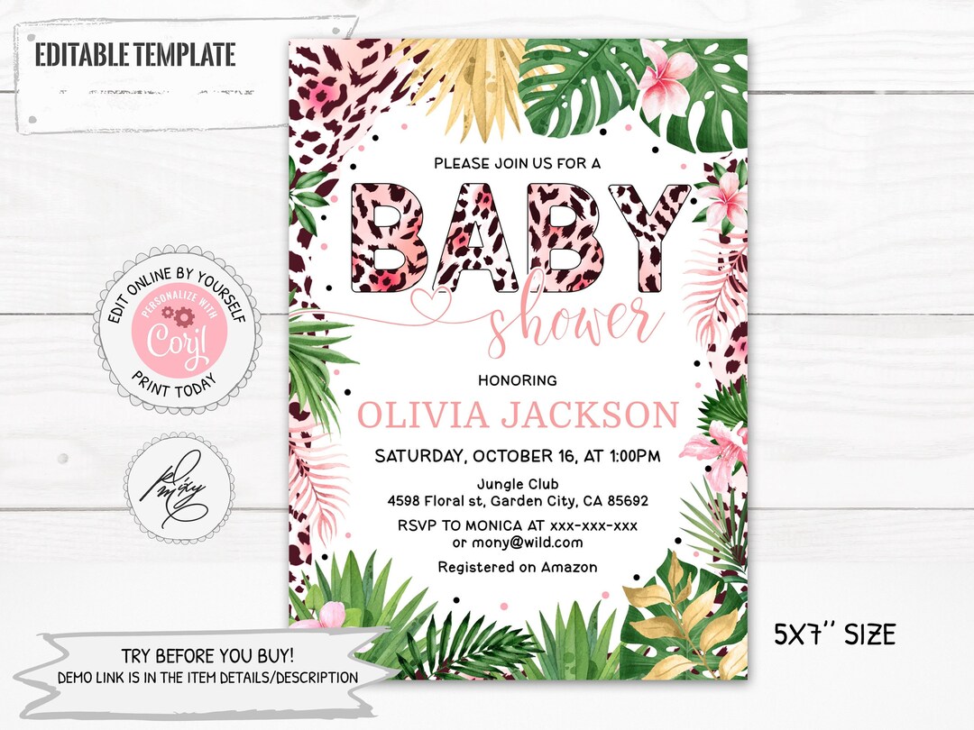 Editable Pink Leopard Print Baby Shower Girl Invitation, Safari Baby
