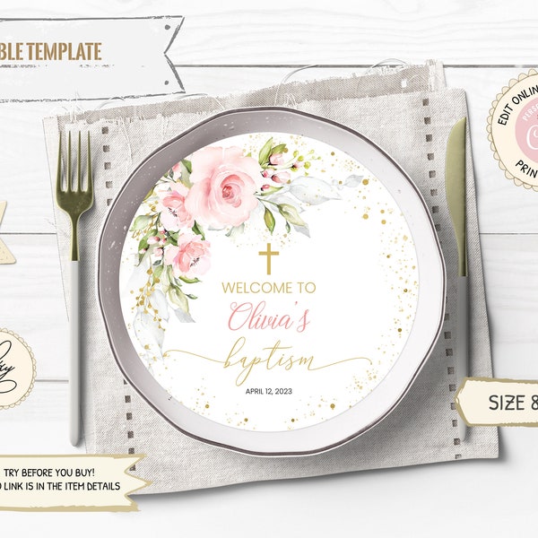 Editable Blush Pink Floral Baptism Girl Charger Plate Insert, Boho Baptism Party Decoration, Welcome to Baptism Insert PM010