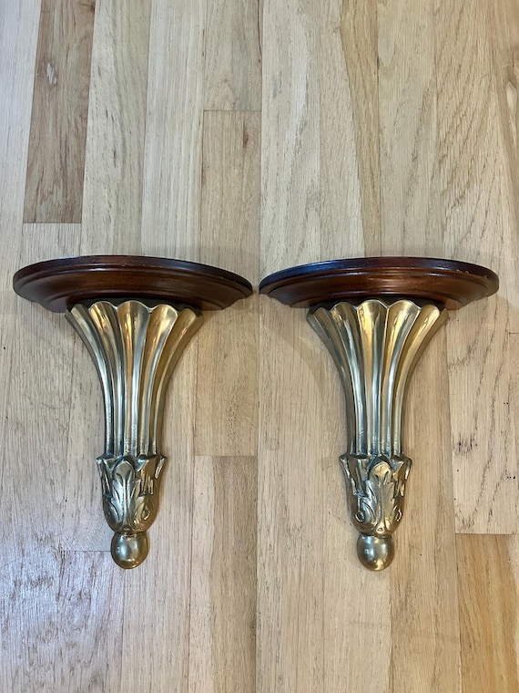 Vintage Neoclassical Cast Brass and Mahogany Wall Shelf Sconces - a Pair