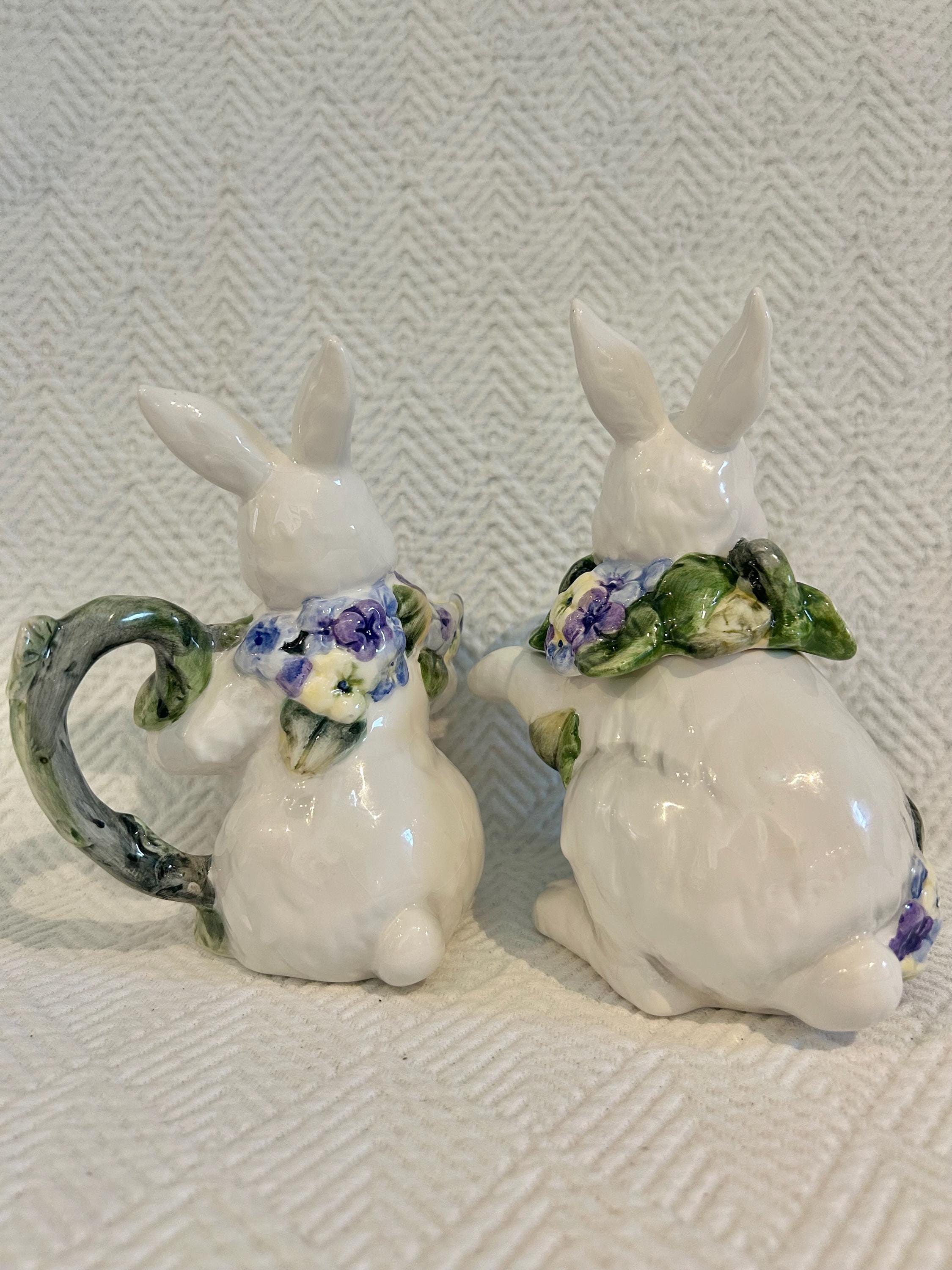 Late 20th Century Porcelain Bunny Rabbit Creamer and Sugar With Blue ...