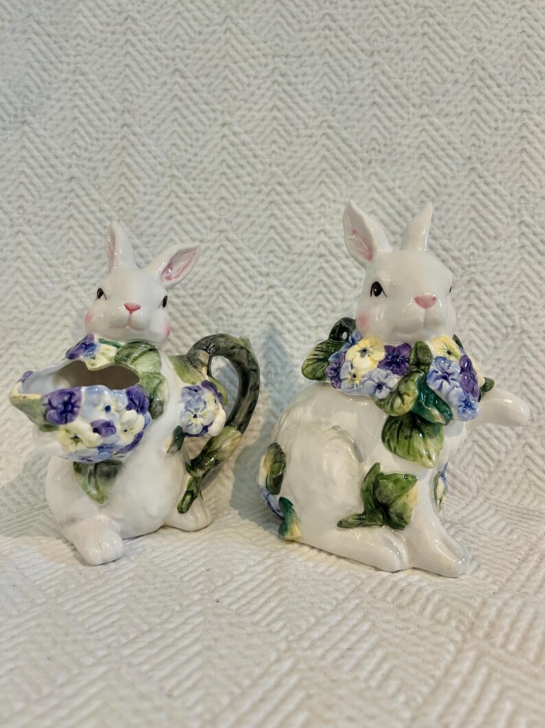 Late 20th Century Porcelain Bunny Rabbit Creamer and Sugar With Blue ...
