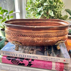 Vintage Hammered Copper Oval Planter or Jardiniere With Brass Feet
