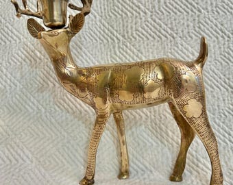 Mid 20th Century Cast Brass Reindeer Buck Candleholder