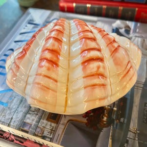 May include: A ceramic seashell with a cream-colored base and reddish-orange stripes. The shell is resting on a tray with a book in the foreground and other books in the background. The shell is a decorative item.