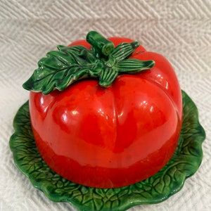 Vintage Majolica Tomato Butter or Cheese Dish - Plate With Lid