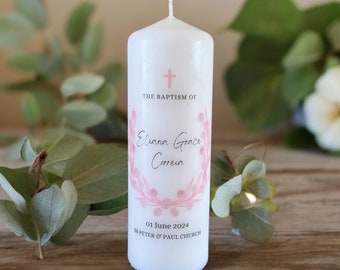 Personalized Baptism Candle – Pink Floral Wreath, Christening Gift
