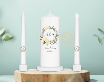 Personalized Wedding Unity Candle Set – Floral Monogram, White Candles
