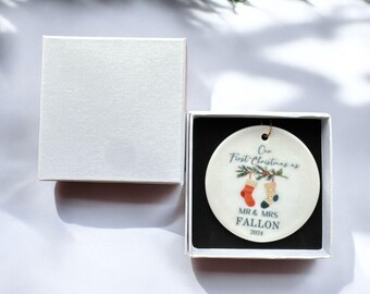 Personalized Ceramic Christmas Ornament – First Christmas, Newlywed Gift