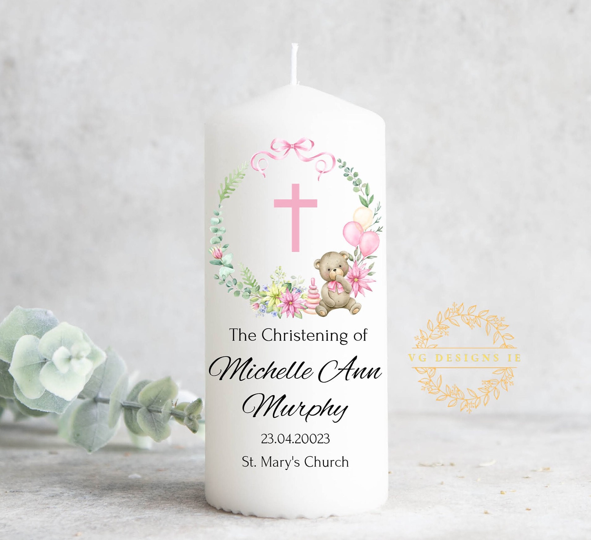 Personalised Teddy Bear Christening Candle for girl - Baptism Candle - Ireland