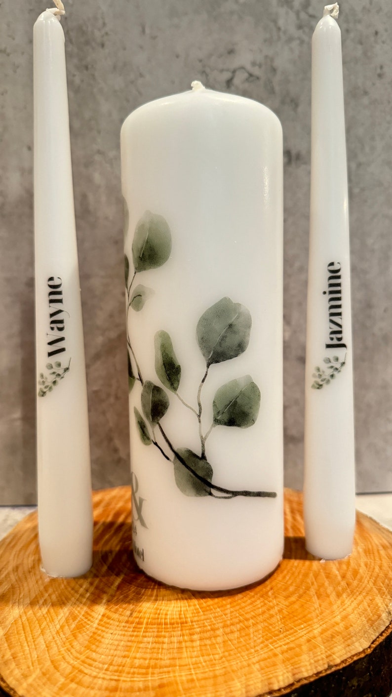 Modern Eucalyptus Wedding Unity Candle Set Ceremony Candles Personalised Wedding candle set Ireland zdjęcie 5