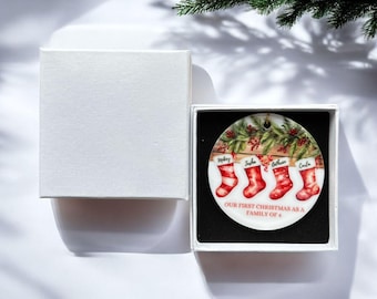 Personalised Christmas Ornament – Customisable with Up to 6 Stockings – "Our First Christmas as a Family''