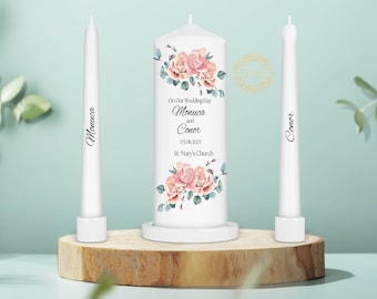 Personalised Unity Candle Set - Ceremony Candles - Personalised Wedding candle set - Rustic Pink with Eucalyptus Unity Candle Set - Ireland