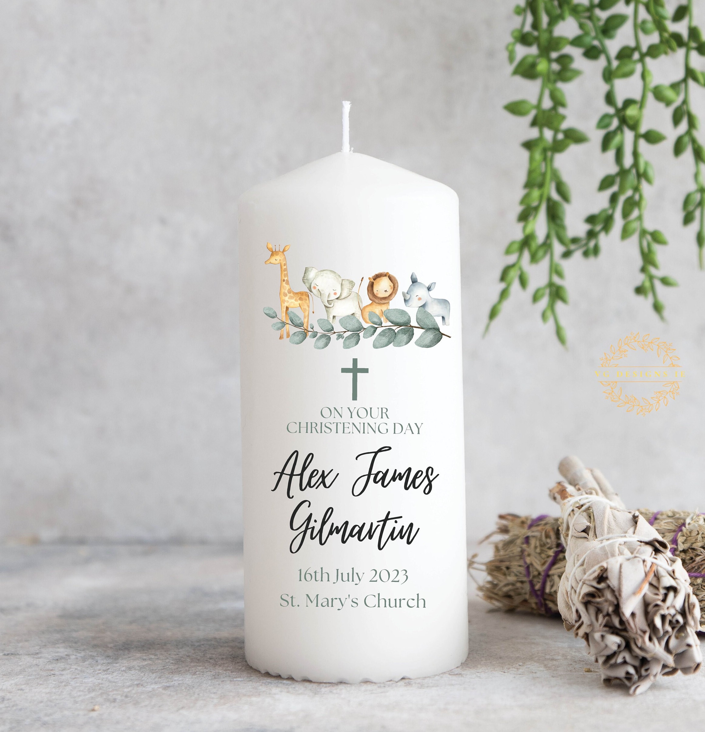 Personalised Safari Christening Candle - Baptism Candle - Ireland