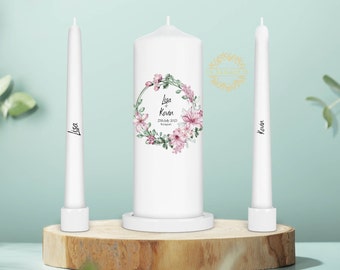 Blossom Pink Flowers Wedding Unity Candle Set - Ceremony Candles - Personalised Wedding candle set - Ireland